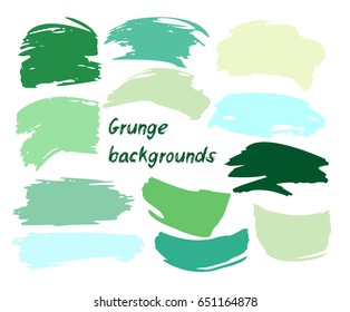 Set of textured banners, buttons, hand painted vector backgrounds. Green and blue brush backdrops. Dirty grunge artistic logo design elements, scribble or text backgrounds. Hipster style stains