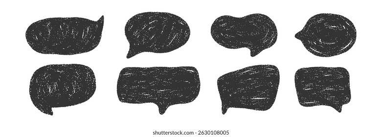 Set of textured black chat bubbles in sketch style. Hand drawn text box isolated on white. Great for stickers, education, school design, infographic, text highlight, social media, digital collage