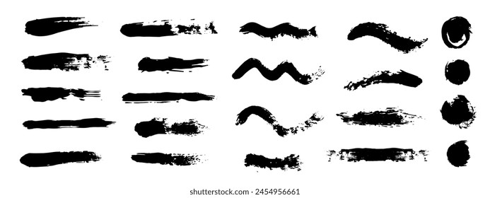 A set of textured dry brush strokes, abstract spots, blots, splashes and scuffs. Vector graphics.