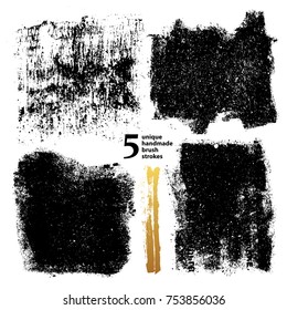 Set of textured dry brush strokes of  paint. Handmade collection of black and white and gold ink vector stains. Abstract thick textured brush strokes, original background for paper, textile design