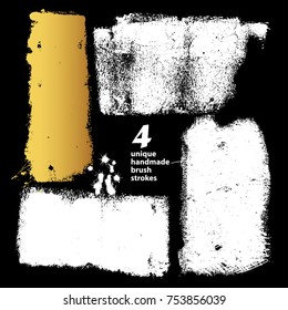 Set of textured dry brush strokes of  paint. Handmade collection of black and white and gold ink vector stains. Abstract thick textured brush strokes, original background for paper, textile design
