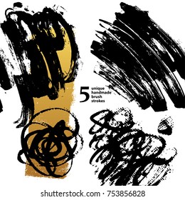 Set of textured dry brush strokes of  paint. Handmade collection of black and white and gold ink vector stains. Abstract thick textured brush strokes, original background for paper, textile design