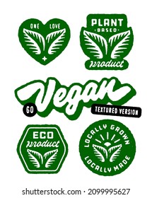 Set of textured Eco Emblems. Leaf illustration. Eco logos. Plant Based Organic Badge Design. Local Vegan Products Sign. Environment Nature Stickers. Healthy Raw Bio Food Icons