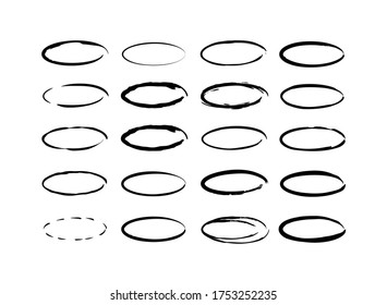 Set of textured elliptical frames isolated on white background. Dirty and freehand style templates for you design.