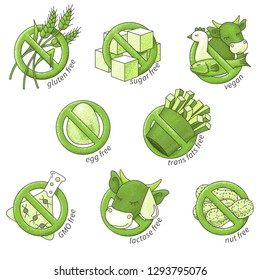 Set of textured flat icons illustrating the absence of gluten, shugar, lactose, trans fats, gmo, nuts, eggs, meat and fish. - Vector 