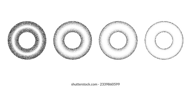 Set of textured gradient rings. Black dotted circles collections. Stippled round elements pack. Fading noise grain dotwork shapes. Halftone effect illustrations. Vector bundle