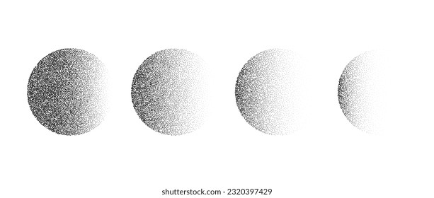Set of textured gradient spheres. Black dotted circles collections. Stippled round elements pack. Fading noise grain dotwork shapes. Halftone effect illustrations bundle. Vector  svg
