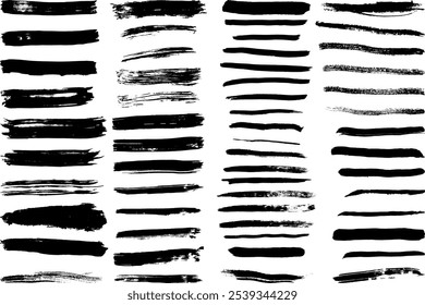 Set of textured grunge black brush strokes. The black brush strokes create a dynamic and bold visual impact, ideal for backgrounds, artistic compositions, vector brushes. 