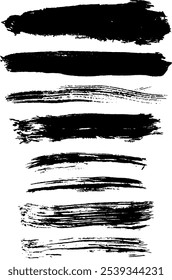 Set of textured grunge black brush strokes. The black brush strokes create a dynamic and bold visual impact, ideal for backgrounds, artistic compositions, vector brushes. 