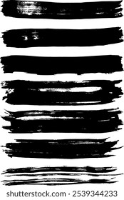 Set of textured grunge black brush strokes. The black brush strokes create a dynamic and bold visual impact, ideal for backgrounds, artistic compositions, vector brushes. 