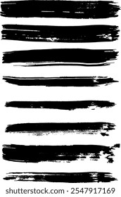 Set of textured grunge black brush strokes. The black brush strokes create a dynamic and bold visual impact, ideal for backgrounds, artistic compositions, vector brushes. 