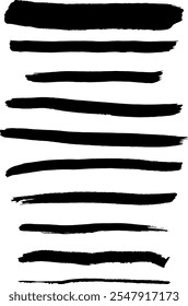 Set of textured grunge black brush strokes. The black brush strokes create a dynamic and bold visual impact, ideal for backgrounds, artistic compositions, vector brushes. 