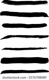 Set of textured grunge black brush strokes. The black brush strokes create a dynamic and bold visual impact, ideal for backgrounds, artistic compositions, vector brushes. 