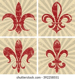 Set of Textured Grunge Fleur De Lys on Burst Background