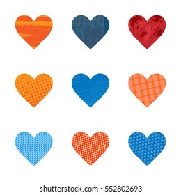 Set of textured heart.Collection of design elements for scrapbook, invitations, cards,Patterns are hidden under masks.Isolated on white background. Vector illustration