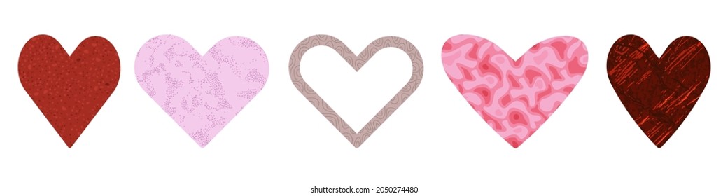 Set of textured hearts - hand drawn vector illustration isolated on white.