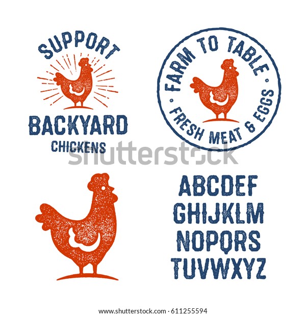 テクスチャーのある鶏のバッジ エンブル ロゴ デザインエレメントのセット 使用済みの手書きの書体が含まれています 裏庭の鶏 を支援する 新鮮な肉と卵を食べさせる ビンテージの古いおいしそう のベクター画像素材 ロイヤリティフリー