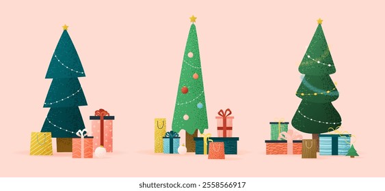 Set of textured illustrations with fir trees, gift boxes, and toys. Cozy art of Christmas trees decorated for the holidays. Flat elements for New Year, Xmas, and winter designs. Vector illustrations.