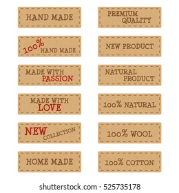 Set of textured kraft paper labels or stickers for hand made products, eps10 vector illustration isolated on white background