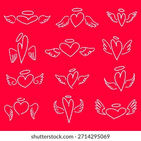 Setzen Sie strukturierte lineare Herzen. Herzsymbol mit Heiligenschein und Engelsflügeln. Symbolliebe und Leidenschaft.