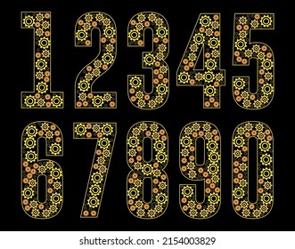 Conjunto de números texturados con engranajes sobre un fondo negro
