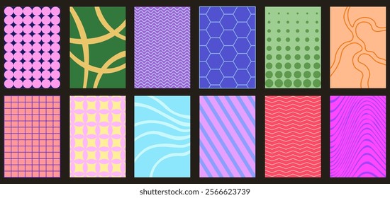 Set of textured posters. Hippie era. Abstract creativity and art. Back to 80s and 90s. Psychedelic and groovy grid. Bright flyers and booklets. Flat vector collection isolated on grey background