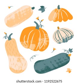 Set of textured pumpkin in pastel colors. Hand drawn colorful vector illustration. Craft stamp style. Halloween or harvest background.