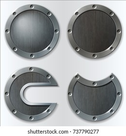 Set of textured round metal plates. Vector illustration.