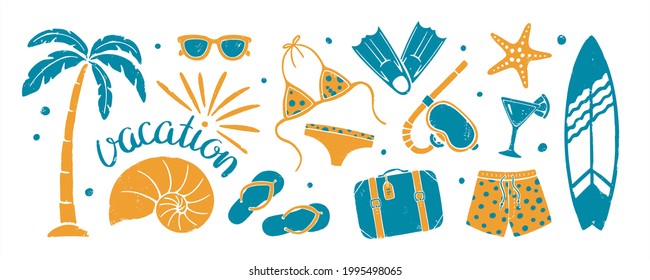 Set strukturierter Sommerferien Drucke. Palmbaum, Sonnenbrillen, Badeanzug, Schwimmbäder, Tauchflossen und Tauchbrille, Flip Flops, Muschel, Seesterne, Koffer, Cocktail, Surfbrett, "Urlaub"