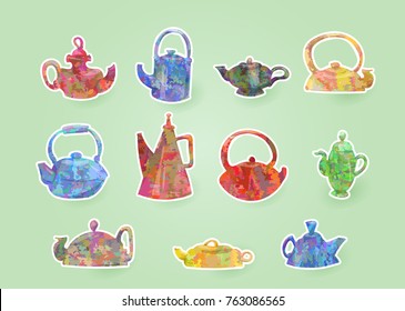 set of textured teapots colorful vector design elements 