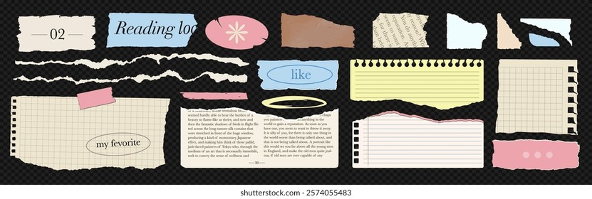 Set of textured torn paper shapes, ripped notebook sheets, jagged edges, magazine clippings, and vintage newspapers in a trendy 90s collage style.Ideas for poster, banner, scrapbooking. Vector element