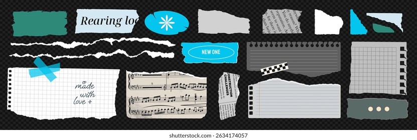 Set of textured and torn paper shapes, ripped notebook sheets, and edges. Featuring magazine clippings and old newspapers in a trendy 90s collage style. Perfect for posters and banners Vector elements
