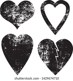 Set of textured vector valentine hearts. Decorative design elements. Distressed symbols of love. Textured Valentine's Day signs. Vector illustration. Black hearts isolated on white. EPS10.