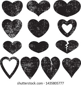 Set of textured vector valentine hearts. Decorative design elements. Distressed symbols of love. Textured Valentine's Day signs. Vector illustration. Black hearts isolated on white. EPS10.