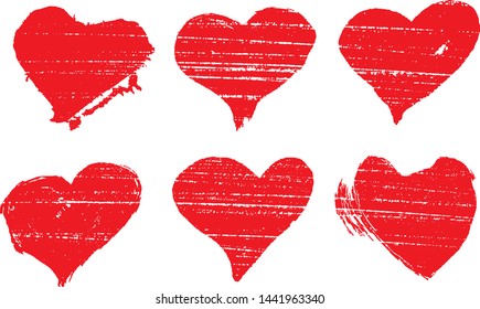 Set of textured vector valentine hearts. Decorative design elements. Distressed symbols of love and romance. Textured Valentine's Day signs. Vector illustration. Red hearts isolated on white. EPS10.