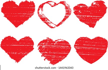 Set of textured vector valentine hearts. Decorative design elements. Distressed symbols of love and romance. Textured Valentine's Day signs. Vector illustration. Red hearts isolated on white. EPS10.