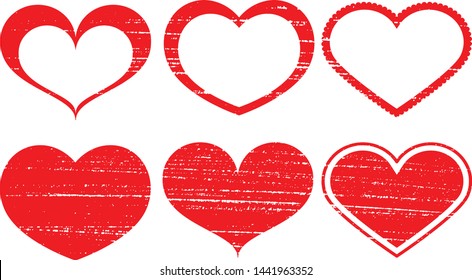 Set of textured vector valentine hearts. Decorative design elements. Distressed symbols of love and romance. Textured Valentine's Day signs. Vector illustration. Red hearts isolated on white. EPS10.