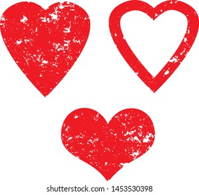 Set of textured vector valentine hearts. Decorative design elements. Distressed symbols of love. Textured Valentine's Day signs. Vector illustration. Hearts isolated on white. EPS10.
