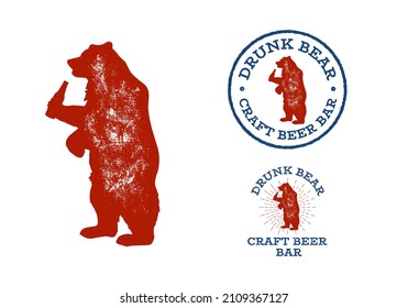 Set of textured vintage badges, emblems, logos and design elements. Drunk bear. Craft beer bar engraving logo.