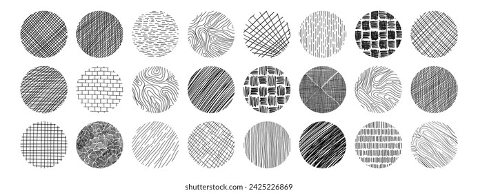 Set of textures with different circle patterns. Vector scribble, horizontal and wave strokes collection.