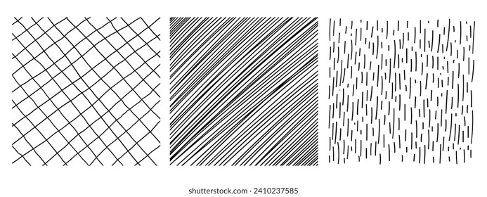 Set of textures with different hand drawn squares patterns. Pencil lines on white background.