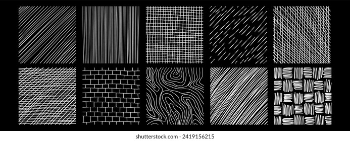 Set of textures with different hand drawn patterns. Vector scribble, horizontal and wave strokes collection.