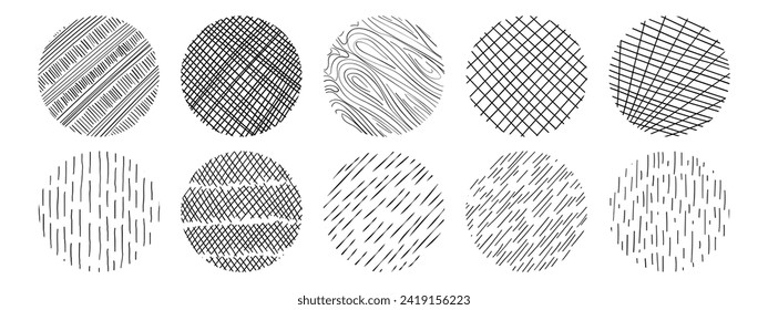 Set of textures with different hand drawn circle patterns. Vector scribble, horizontal and wave strokes collection.