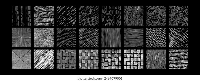 Conjunto de texturas con diferentes patrones dibujados a mano. Rayado, madera, lluvia, textura de punteado