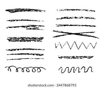 Set of textures and doodles with grunge from a pencil. Brushes and marker. Elements. Sketchy and Scratchy. Hand drawn line and stroke. The ink is curve. Stripe and underline. Squiggles chalk. Vector
