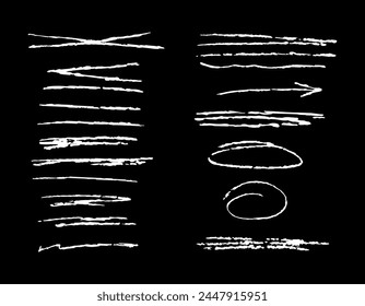 Set of textures and doodles with grunge from a pencil. Brushes and marker. Stripe and underline. Squiggles chalk. Elements. Sketchy and Scratchy. Hand drawn line and stroke.Ink arrow. Circles