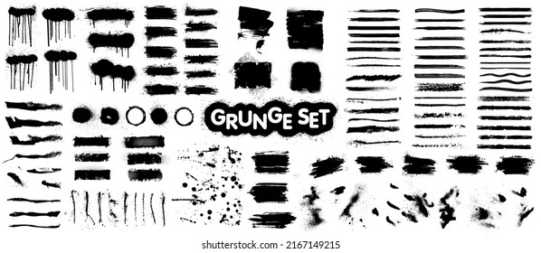 Setze Texturen von Farbtönen. Grunge Set mit schmutziger künstlerischer Box für Text. Kreative Kollektion - Pinsel, Graffiti-Spray, Splash, Farbtropfen, Tintenstrich, einzelne Set. Texturenschablone