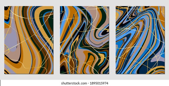 Set of textures with fluid acrylic paint effect. Liquid marble. Can be used for any kind of a design:wall decoration, postcard, brochure, fashion print, background, poster, cover. Vector template.	