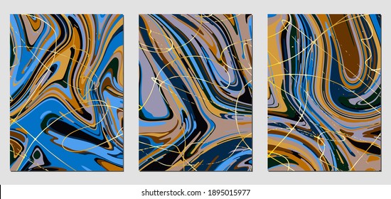 Conjunto de texturas con efecto de pintura acrílica fluida. Mármol líquido. Se puede utilizar para cualquier tipo de diseño: decoración de pared, postal, folleto, huella de moda, fondo, póster, cubierta. Plantilla de vectores.	