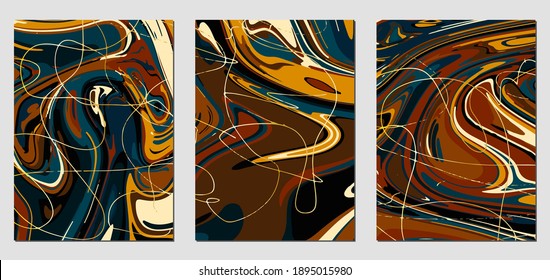 Set of textures with fluid acrylic paint effect. Liquid marble. Can be used for any kind of a design:wall decoration, postcard, brochure, fashion print, background, poster, cover. Vector template.	